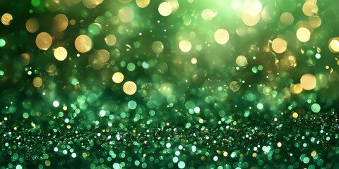 Emerald Sparkle: A captivating backdrop of shimmering emerald and gold bokeh, evoking a sense of celebration, magic, and joy. Perfect for festive designs, holiday greetings, and abstract art. 
