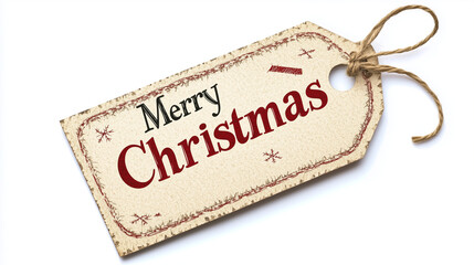 Vintage-style "Merry Christmas" tag with red lettering and twine on a white background.
