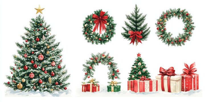 Classic Christmas Watercolor Set: Festive fir trees adorned with ornaments, elegant wreaths, and beautifully wrapped gifts come together in this charming watercolor collection.