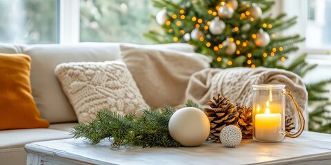 Cozy Christmas Eve: A warm living room adorned with festive decorations, inviting you to unwind and embrace the magic of the holiday season. 