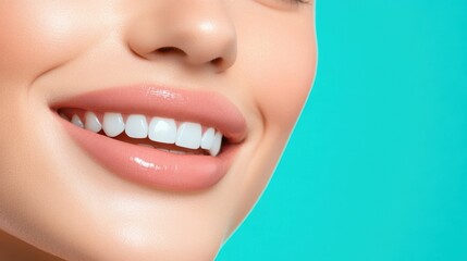 Obraz premium Close-up detail, model's teeth, one-piece swimsuit, simple background, modern look