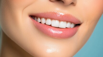 Fototapeta premium Close-up detail, model's teeth, one-piece swimsuit, simple background, modern look