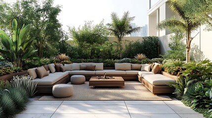 design a rooftop seating area with landscape design, modern, 12 by 6 square meters, in Abu Dhabi, United Arab Emirates, natural warm tones