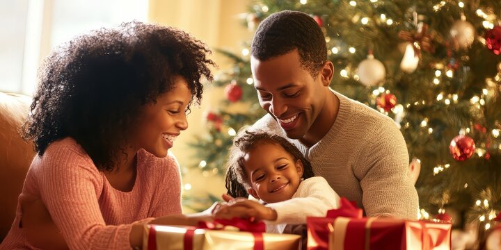 Christmas Family Joy: A heartwarming scene of a diverse family opening presents under the glow of a Christmas tree, capturing the love, laughter, and magic of the holiday season. 