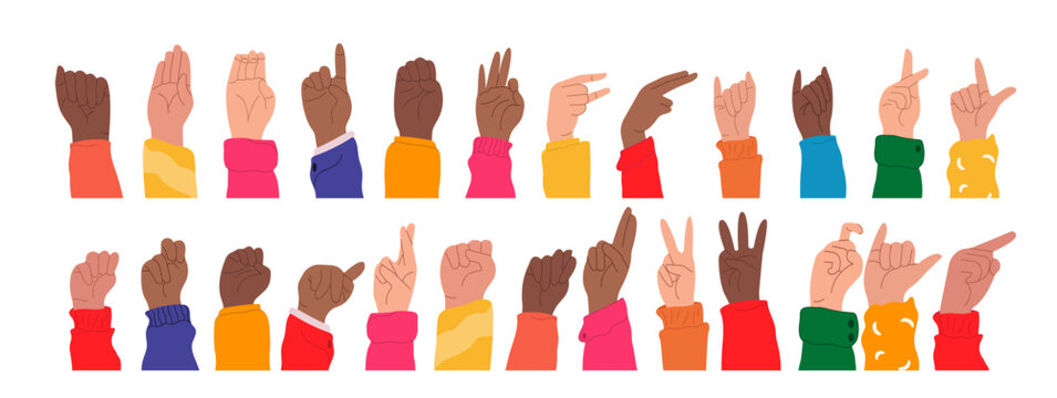 American Sign Language Alphabet. Set of hands in doodle style isolated human arms. vector illustration for ASL education poster, card, brochure, canvas, website, books