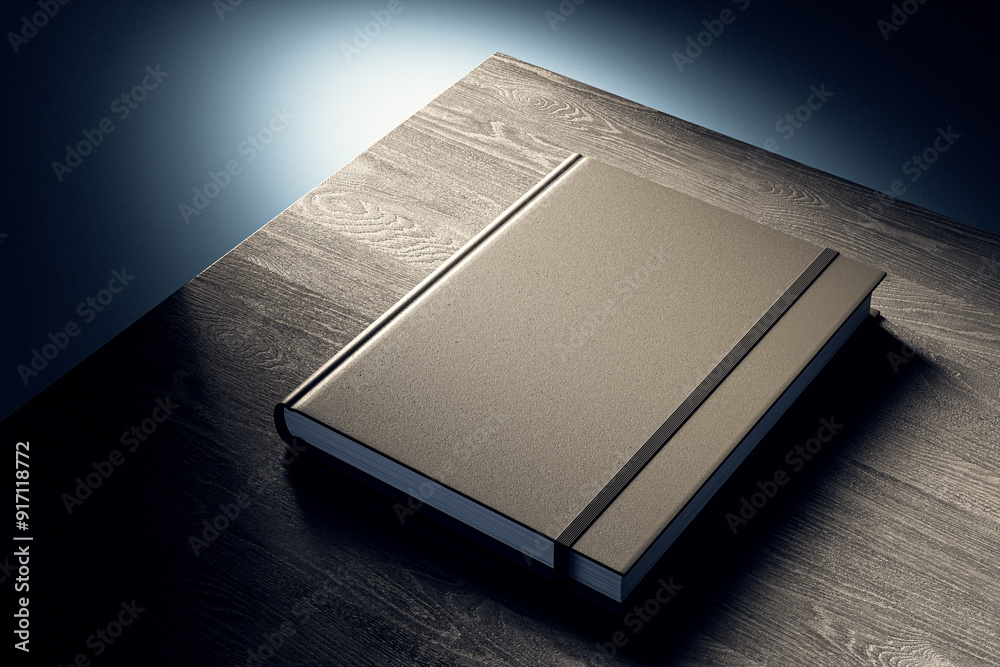 Poster hardcover book mockup on a wooden table with spotlight effect. 3d rendering