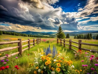 Fototapeta premium Lush green meadow with vibrant wildflowers, serene cloudy sky, and rustic wooden fence serves as a romantic and whimsical wedding ceremony backdrop.