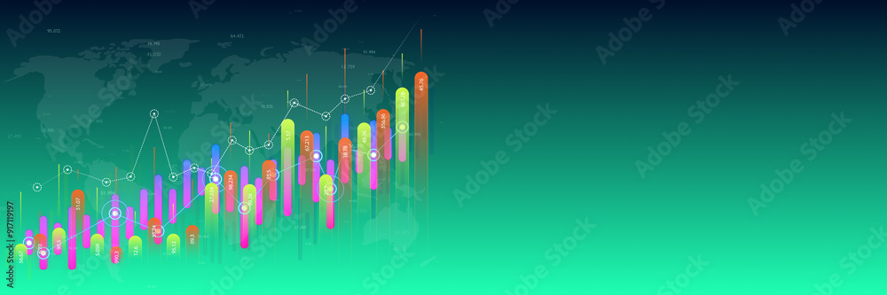 Poster Colorful bar chart with data points on a gradient green background. 3D Rendering