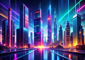 Vibrant neon lights illuminate a futuristic cityscape with sleek skyscrapers, holographic advertisements, and metallic streets, inviting exploration in a virtual reality world.