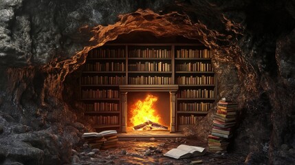Hidden Library Cave with Cozy Fireplace
