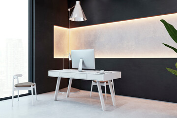 Modern minimalist office desk with computer in a sleek workspace. 3D Rendering