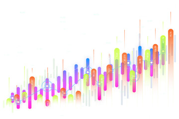 Colorful data visualization with vertical bars and line graph. 3D Rendering