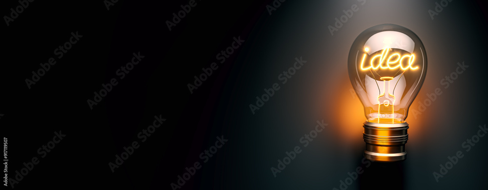 Poster Illuminated lightbulb with idea text on dark background. 3D Rendering