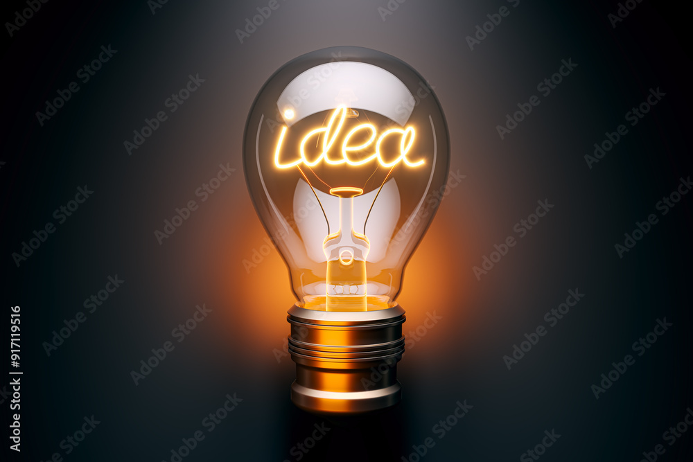 Poster Illuminated lightbulb with idea text on dark background. 3D Rendering