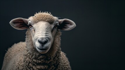Fototapeta premium White fluffy sheep in a farm portrait, gazing into the camera. Generative Ai