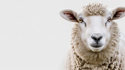 White fluffy sheep in a farm portrait, gazing into the camera. Generative Ai