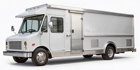 Naklejka premium Here is a possible description for the stock photo:..Empty white food truck with chrome accents and ventilation system on side view isolated on a clean white background for branding and design.
