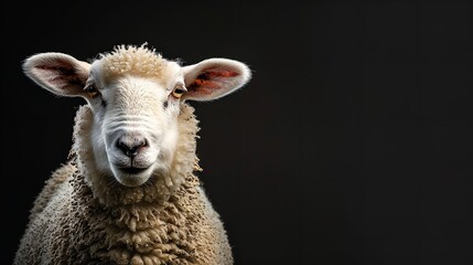 White fluffy sheep in a farm portrait, gazing into the camera. Generative Ai