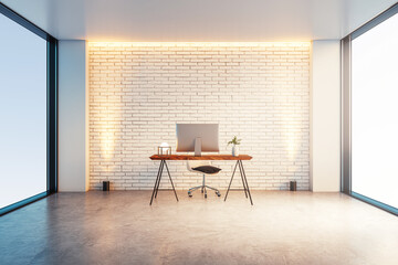Modern office desk in a spacious room with large windows and white brick walls. 3D Rendering