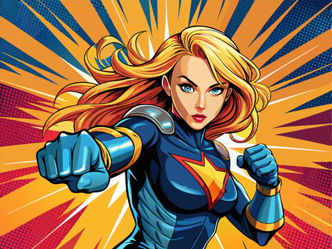  Pop art comic book style super heroine punching with female superhero costume poster design wall decoration illustration.