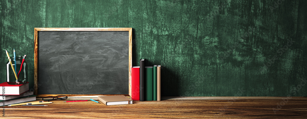 Poster blackboard mockup with books and pencils on wooden desk in classroom. 3d rendering