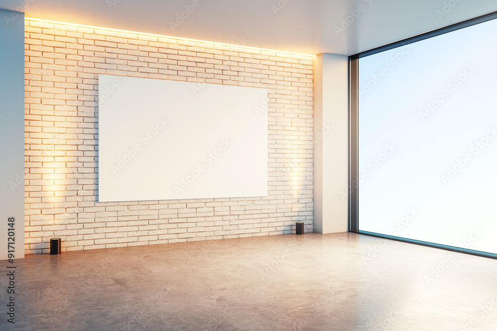 Poster Empty modern room with brick wall and large window. 3D Rendering