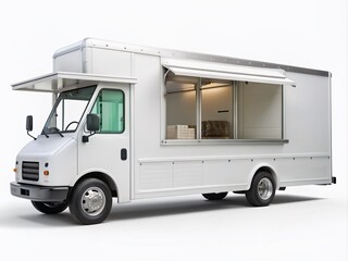 Empty white food truck with open serving window and minimal branding, parked on a clean white background, ready for customization and branding designs.