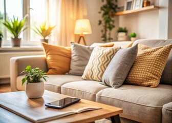 Obraz premium Cozy living room interior with a comfortable empty sofa and a phone sitting on it, surrounded by soft cushions and a blurred background.