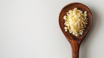 A wooden ladle on a white desk containing minced garlic. Generative Ai