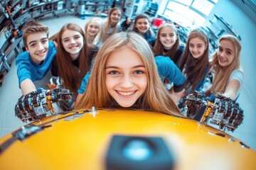 Group of Students Engaged in Robotics Project, Focused on Engineering and Teamwork in a Modern Classroom