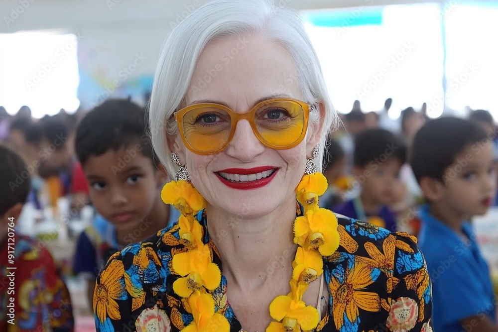 Canvas Prints Positive and Vibrant Female Teacher in a Classroom Filled with Young Students Wearing Bright Colors and Smiling