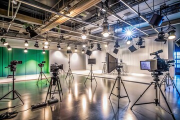 State-of-the-art filming studio with advanced professional cameras, high-end lighting equipment, and various cinematic tools arranged on a sleek, modern, and polished studio floor.