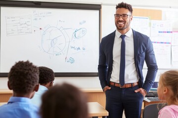 Engaging Male Teacher Interacting with Children in Classroom, Education and Learning Environment