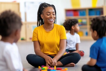 Positive Female Teacher Engaging with Young Children in Colorful Classroom Learning Activity
