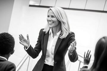 Enthusiastic Female Teacher Engages with Students in Positive Classroom Environment