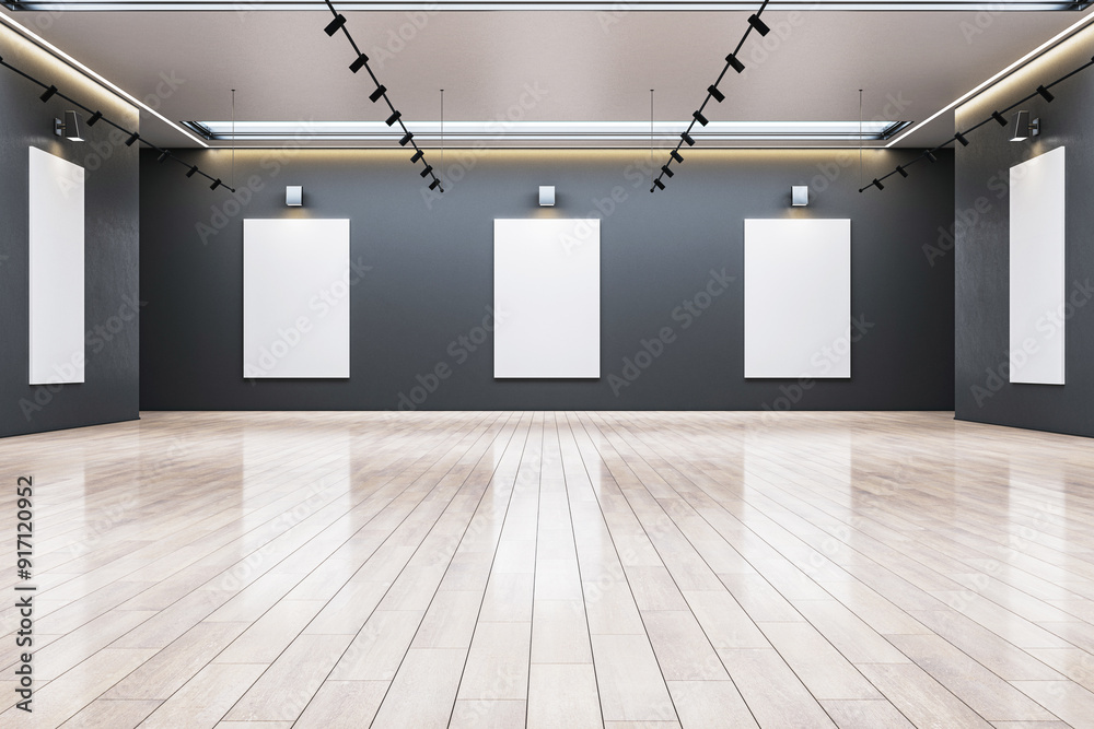 Poster modern gallery interior with blank frames on grey walls. 3d rendering