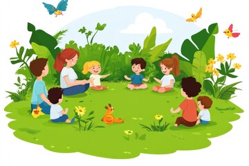 Obraz premium Positive Teaching Style of a Woman with Children in a Nature Setting - Outdoor Learning Concept