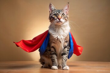 Adorable LaPerm cat dressed in vibrant superhero attire, cape flowing, posing confidently against a soft, neutral beige background, whiskers twitching with playful intensity.
