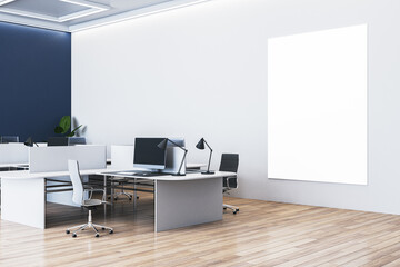 Modern office interior with blank vertical poster on wall. 3D Rendering