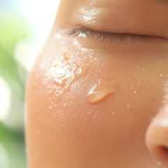 Fototapeta premium Glamour in Every Drop: A Close-Up of a Woman's Shoulder with Delicate Water Droplets, Showcasing Supple and Hydrated Skin for Beauty Ads and 4K Wallpapers