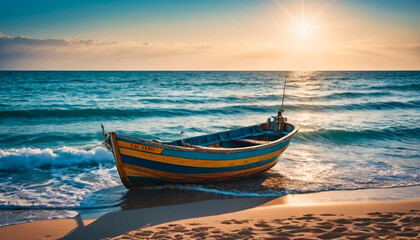 Fototapeta premium Fishing Boat on Sunny Beach at Sunrise 