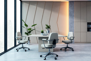 Modern office interior with large windows and city view. 3D Rendering