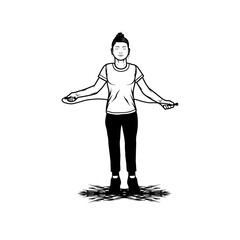 woman exercising black and white jump rope vector line art
