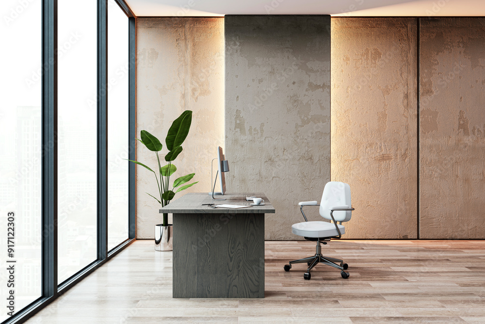 Poster modern office interior with desk and chair by large windows. 3d rendering