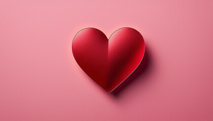 ピンク色の背景の中央に赤いハート形のオブジェクトが配置されています。ハートは立体的で、光の当たり具合によって柔らかな陰影が表現され、愛やロマンチックな感情をシンプルかつ効果的に伝えるデザインです。generative AI
