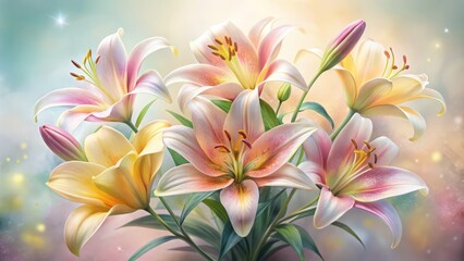 Fototapeta premium Delicate, soft focus watercolor lilies in pastel shades of pink, yellow, and white bloom alone on a transparent background, exuding serene beauty and elegance.