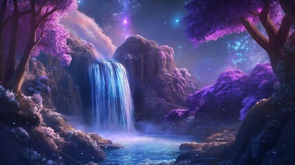 Obraz premium Magical waterfall in a mystical purple forest.