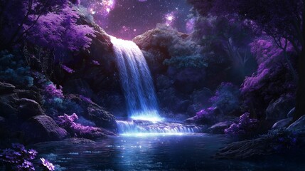 Magical waterfall in a mystical purple forest.