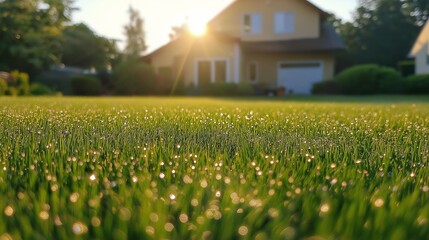 Morning dew on grass with sunlight and house in background.