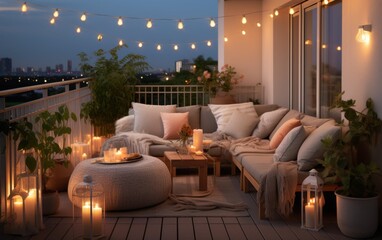 A patio with a couch, pillows, and a table with candles. Scene is cozy and inviting